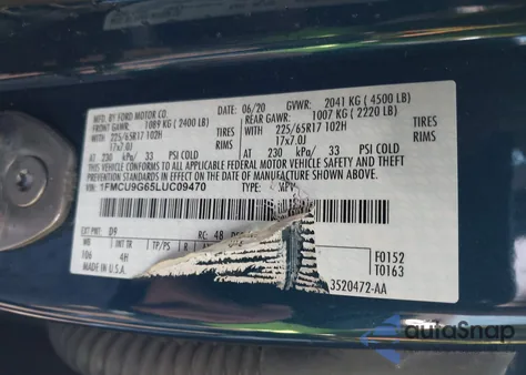 2020 Ford Escape Se из США, поврежденный, VIN 1FMCU9G65LUC09470